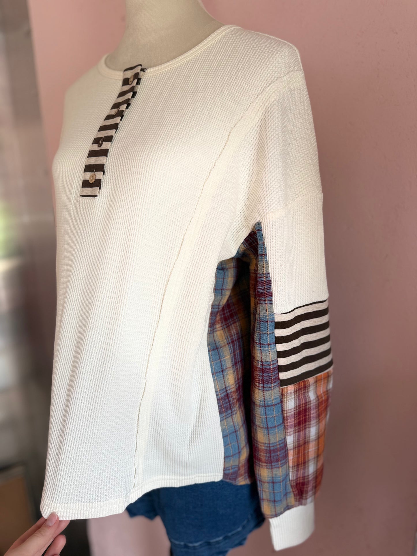 Beige Waffle Plaid Knit Top