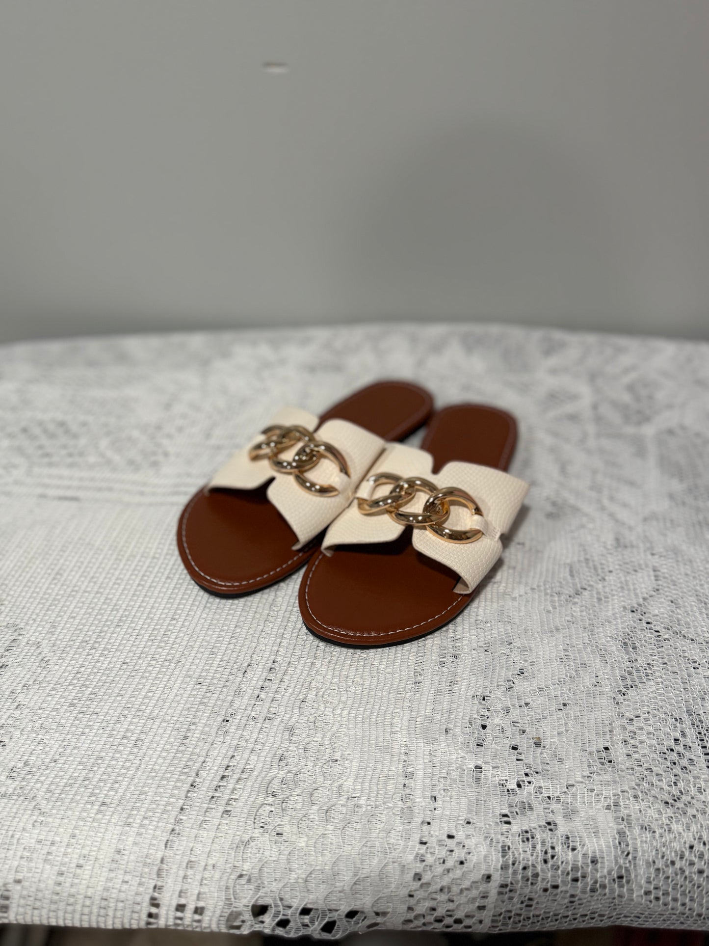 White Metal Decor Flat Sandal