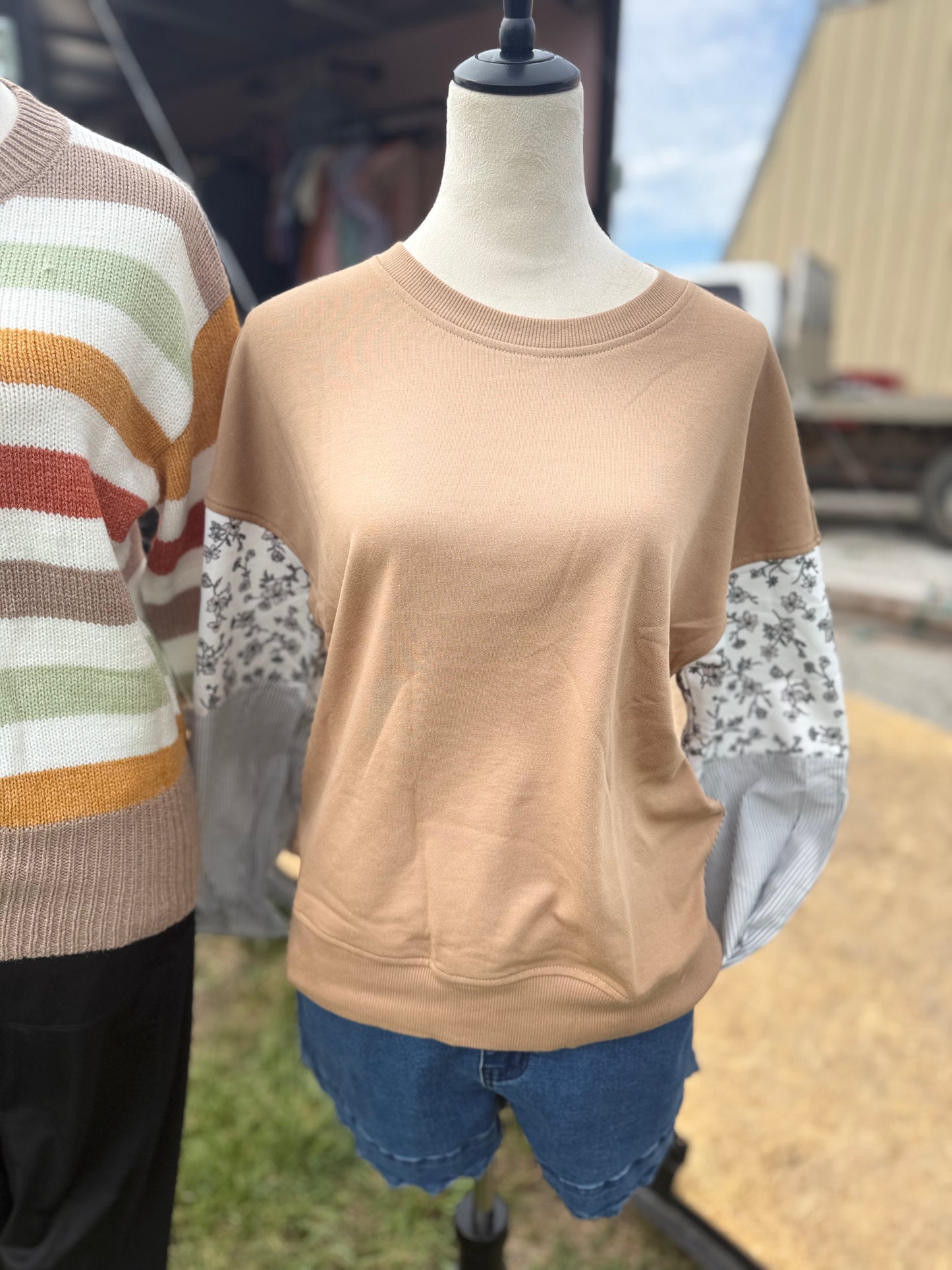 Camel Floral Striped Crew