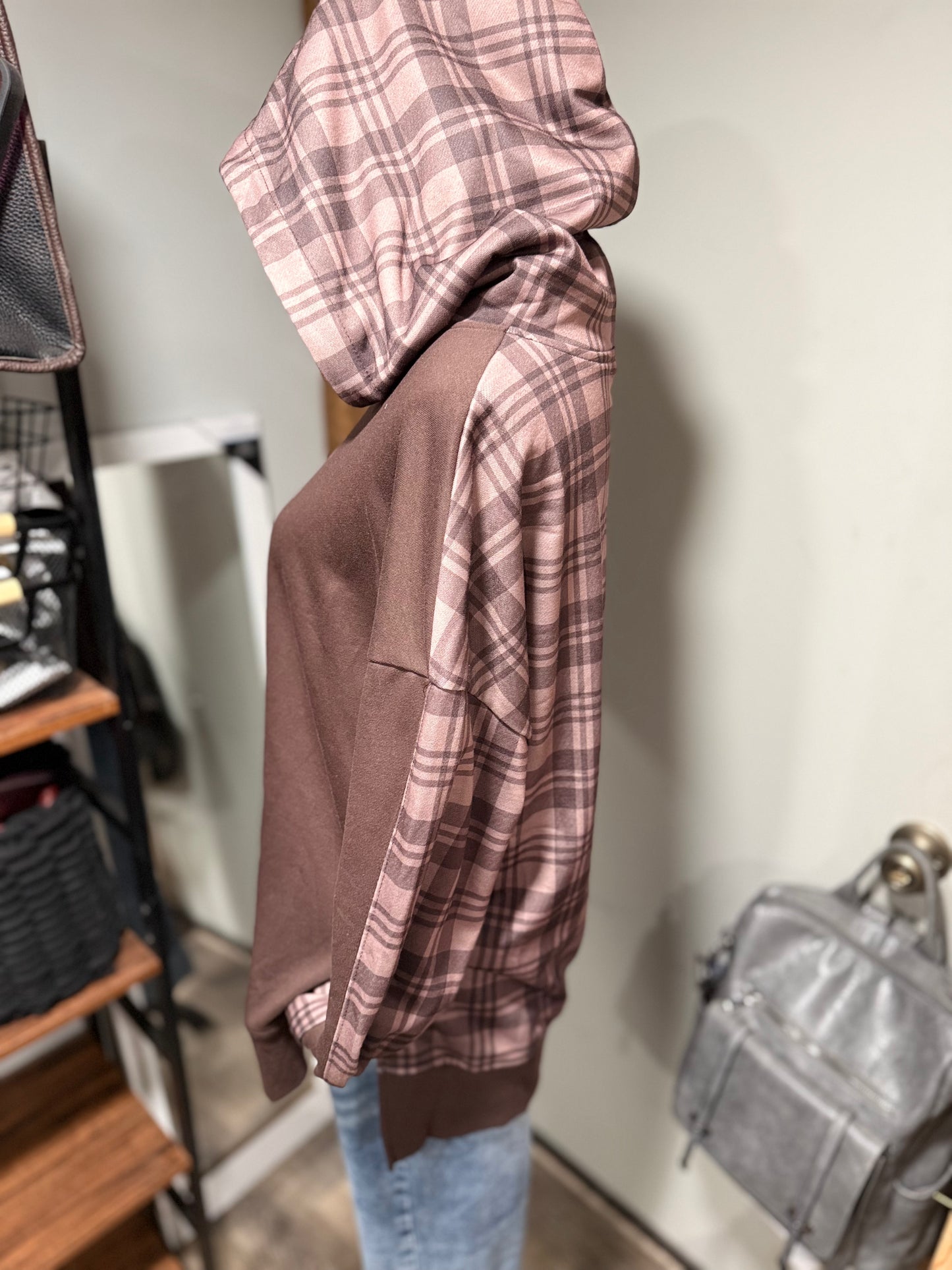 Back Plaid Slit Hoodie