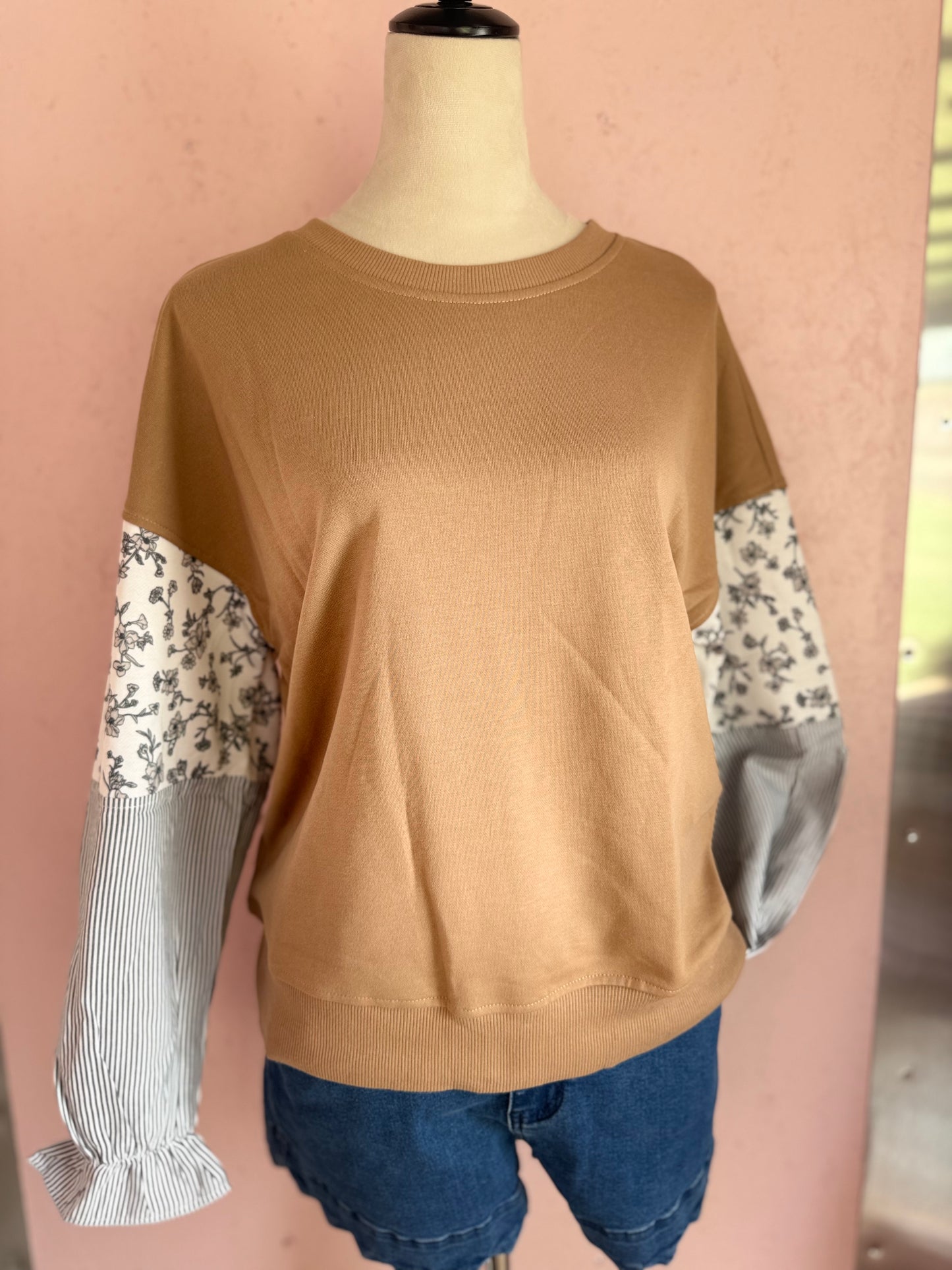 Camel Floral Striped Crew