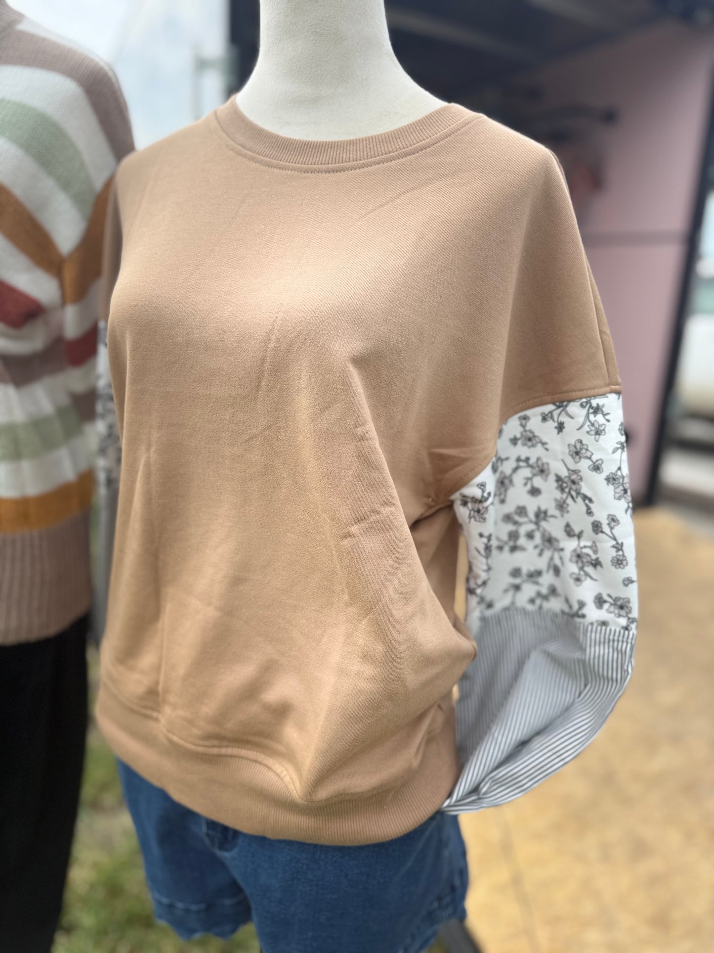 Camel Floral Striped Crew