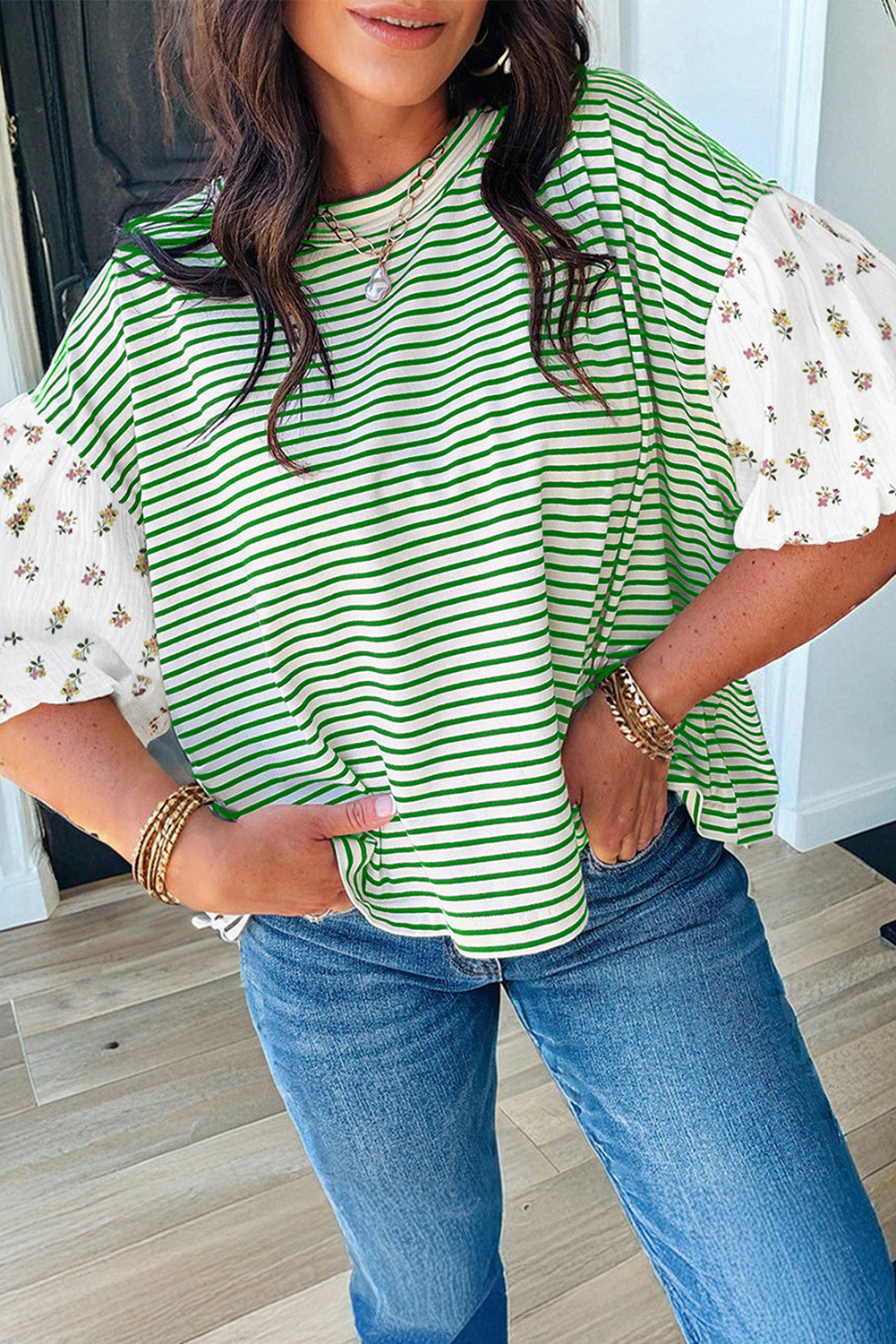 Green Stripe Floral Sleeve Top