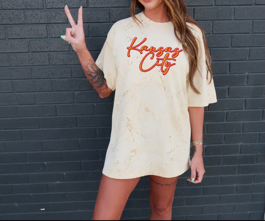 Red Gold Kansas City Script On Yellow Tie Dye Tee
