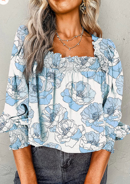 Blue Floral Square Neck Blouse