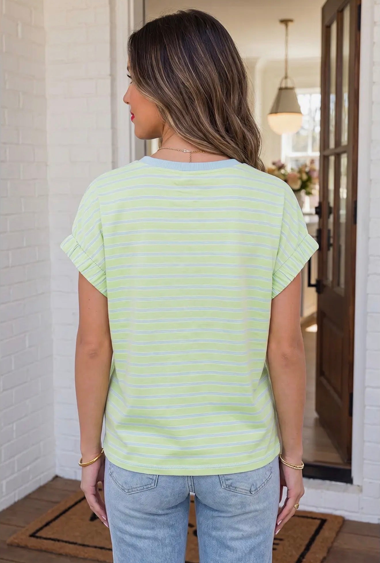 Green Striped Cuffed Sleeve Top
