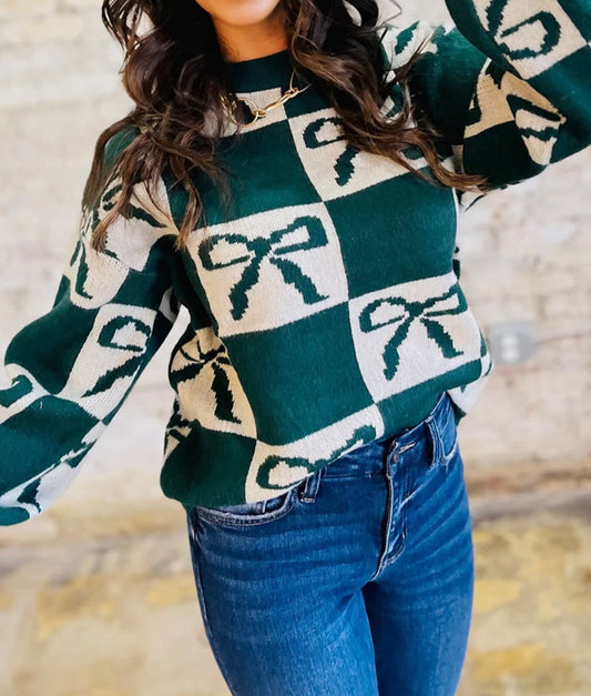 Green Checkered Bow Sweater