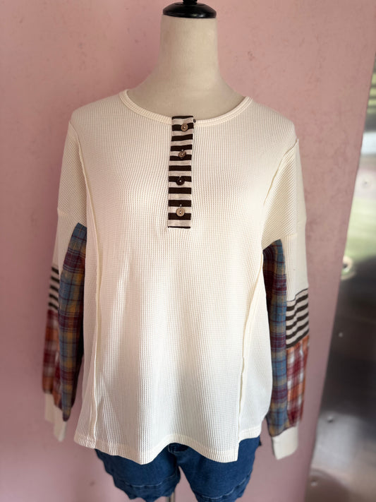 Beige Waffle Plaid Knit Top