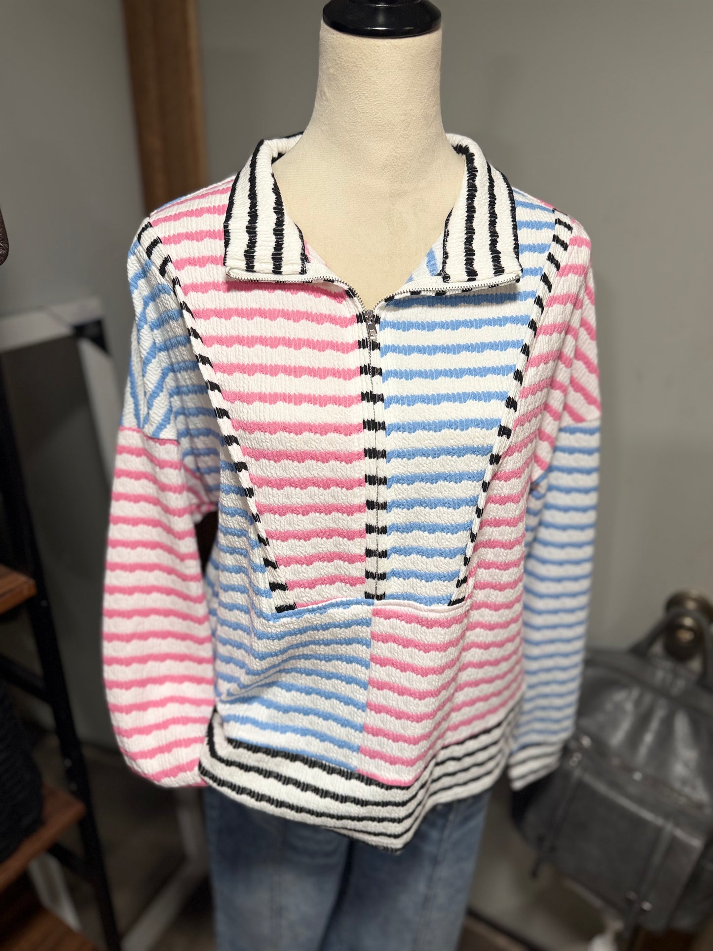 Striped Color Block Half Zip