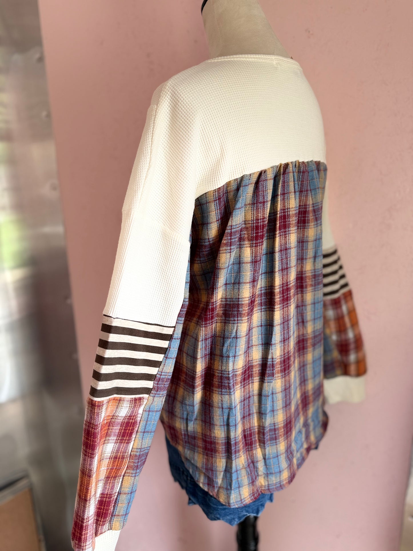 Beige Waffle Plaid Knit Top