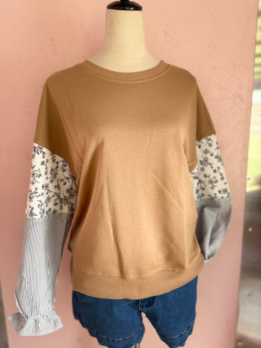 Camel Floral Striped Crew