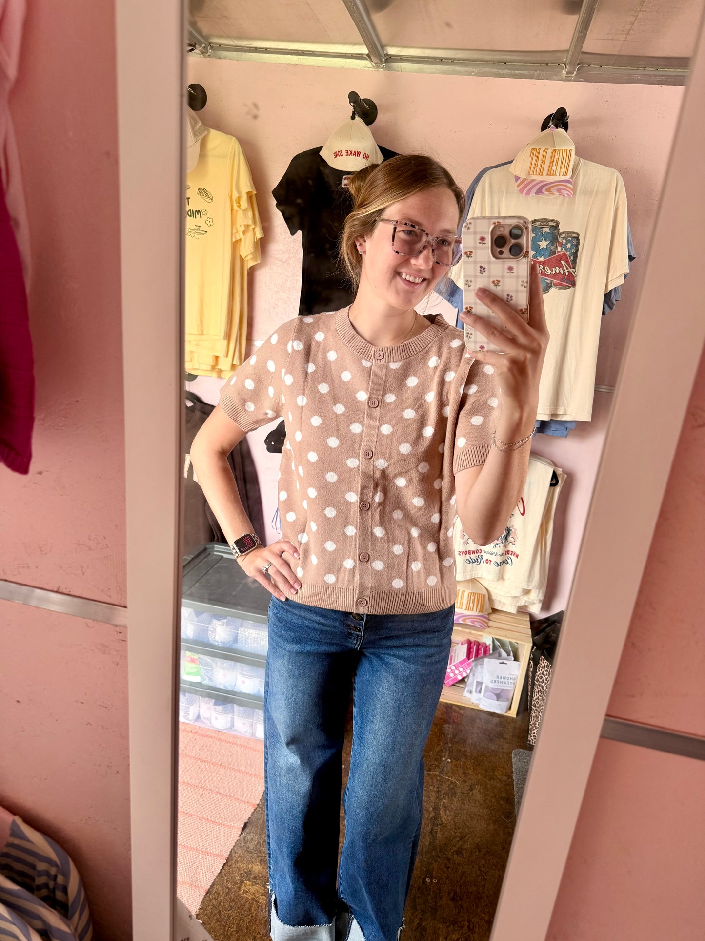 Beige Polka Dot Sweater Cardigan