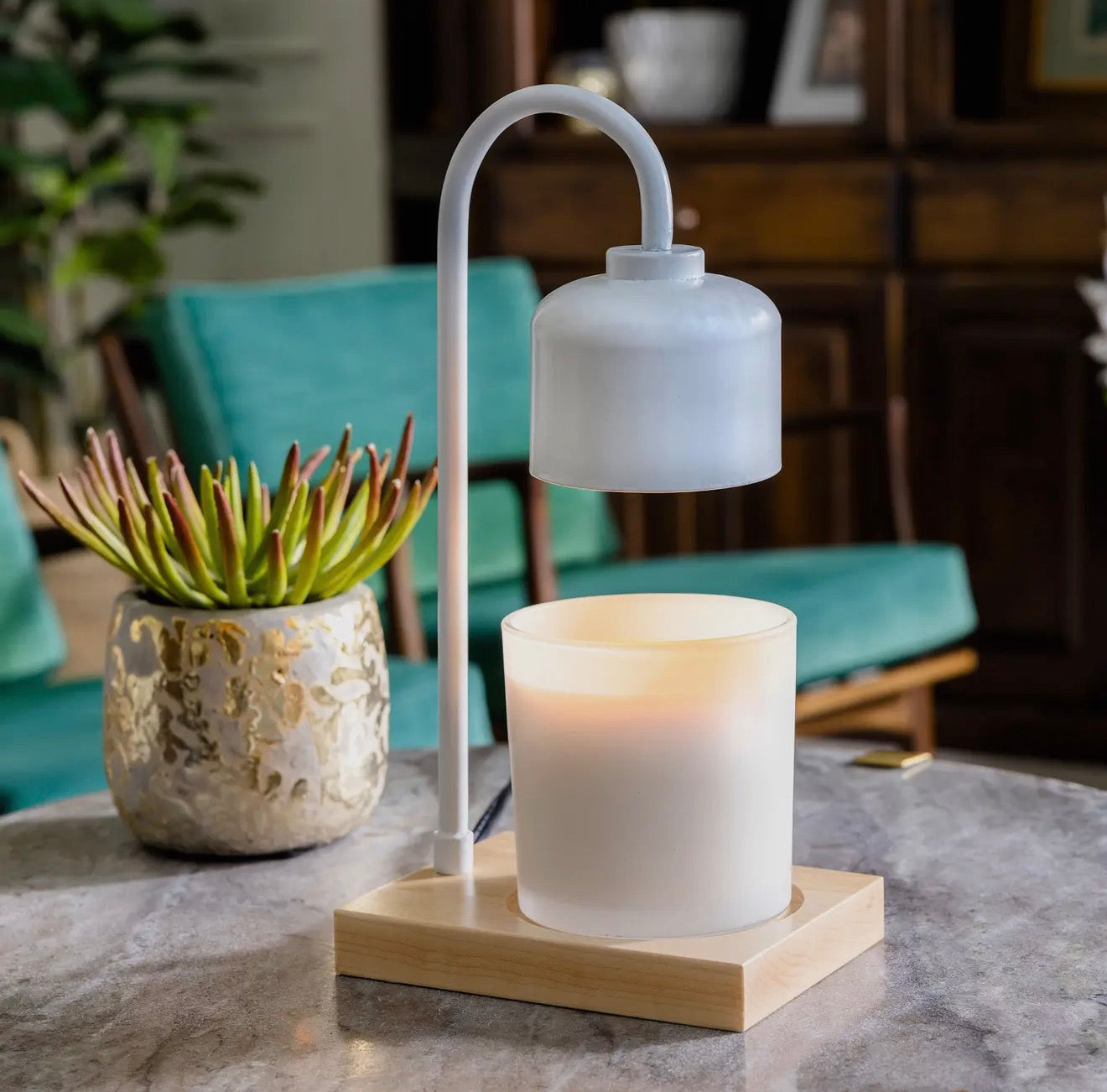 White & Wood Arched Candle Warmer Lamp