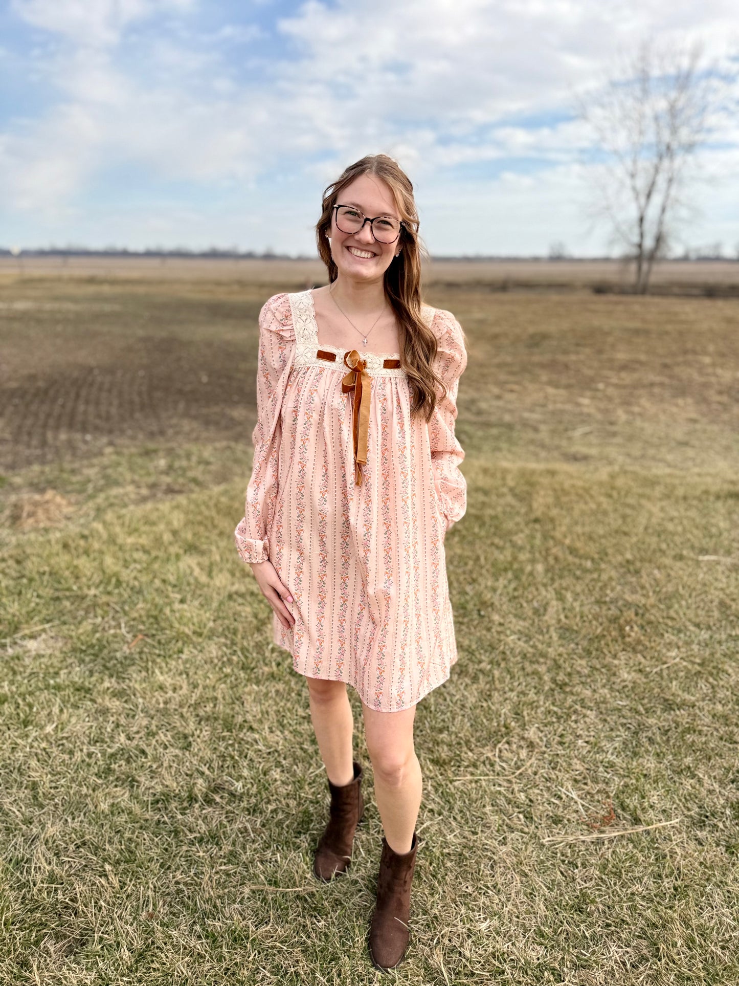 Floral Velvet Bow Loose Mini Dress