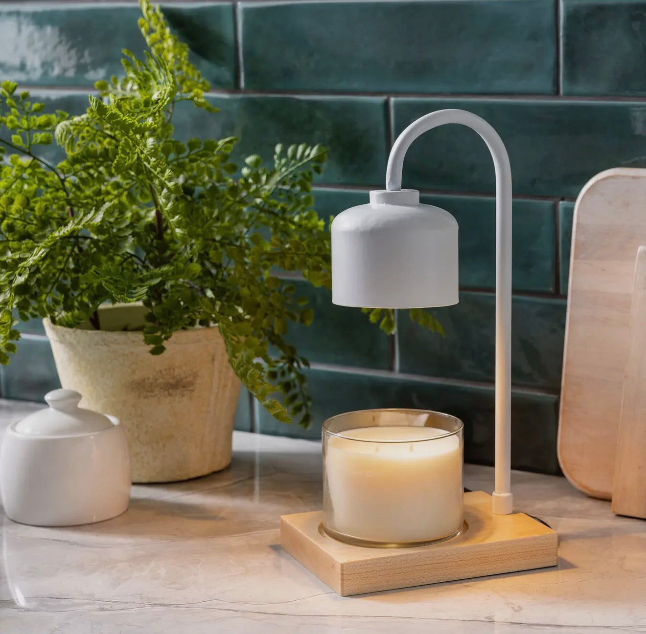 White & Wood Arched Candle Warmer Lamp