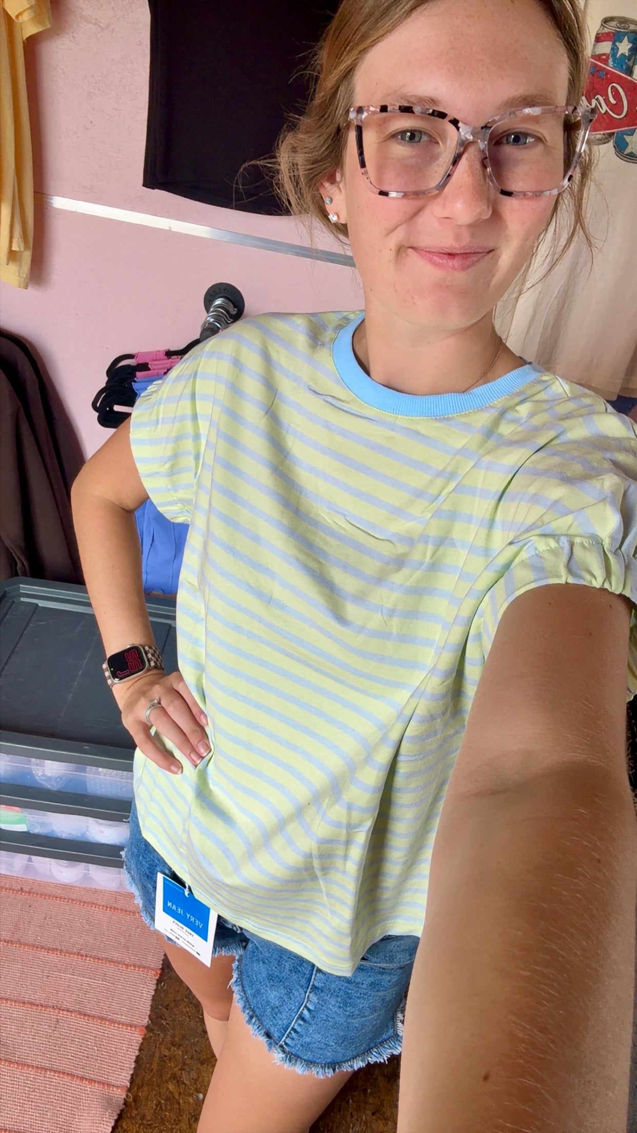 Green Striped Cuffed Sleeve Top