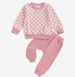 Pink Chex Solid Pant Lounge Set