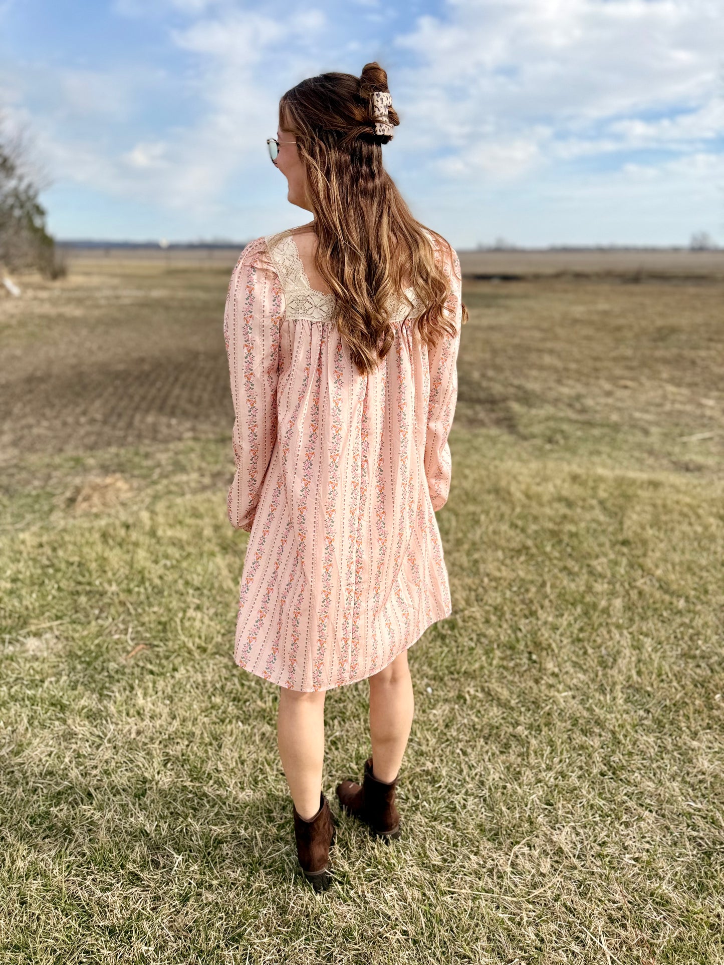 Floral Velvet Bow Loose Mini Dress