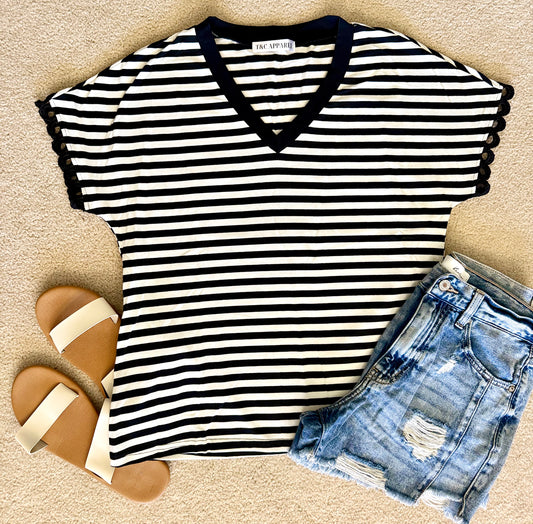Black Striped V Neck Top