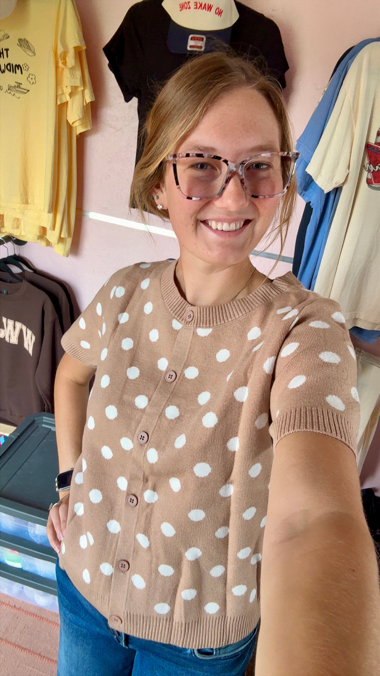 Beige Polka Dot Sweater Cardigan