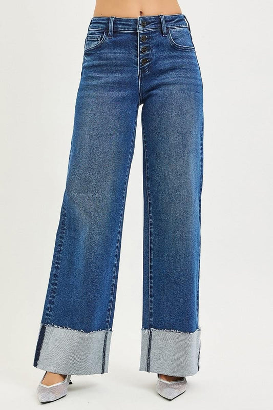 Risen Wide Leg Jeans w/ Cuffed Hem