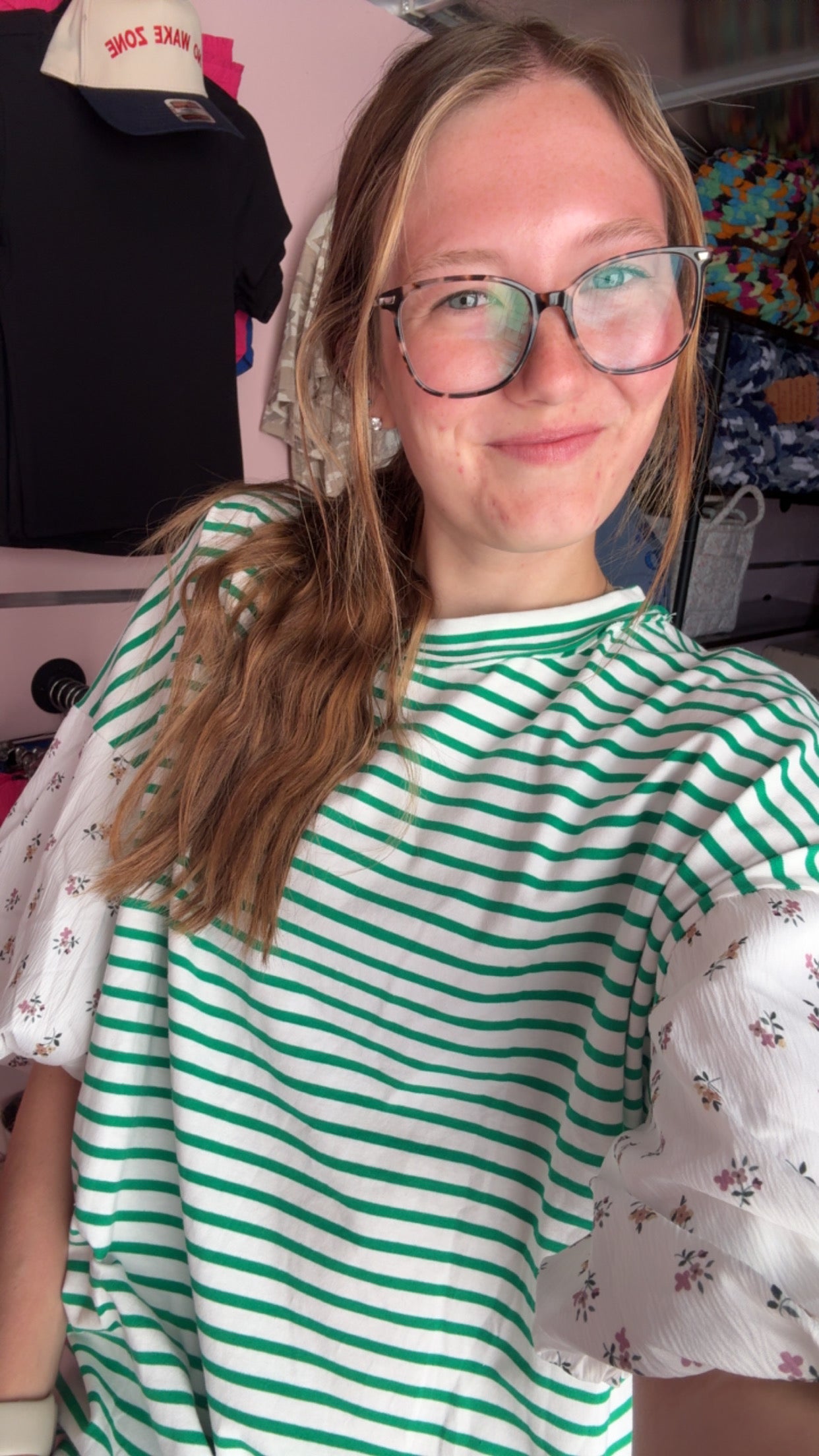 Green Stripe Floral Sleeve Top